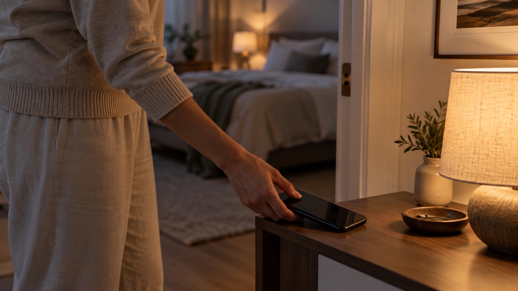 Adult setting a smartphone aside outside the bedroom.