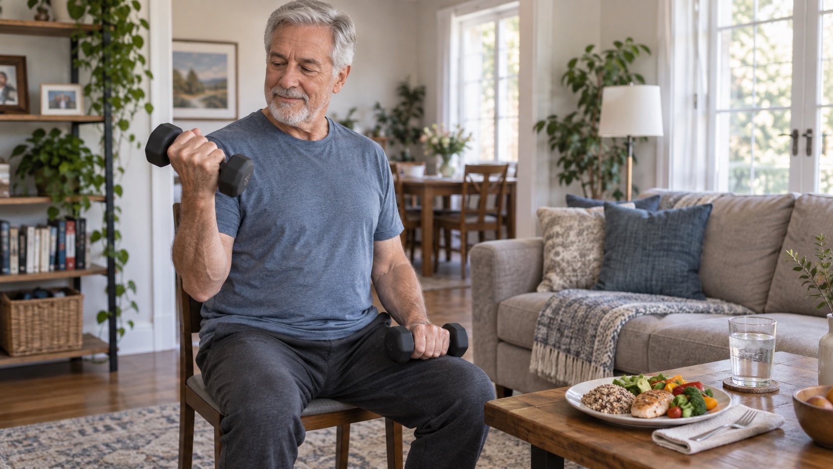 Mature adult lifting a light dumbbell in a home setting.