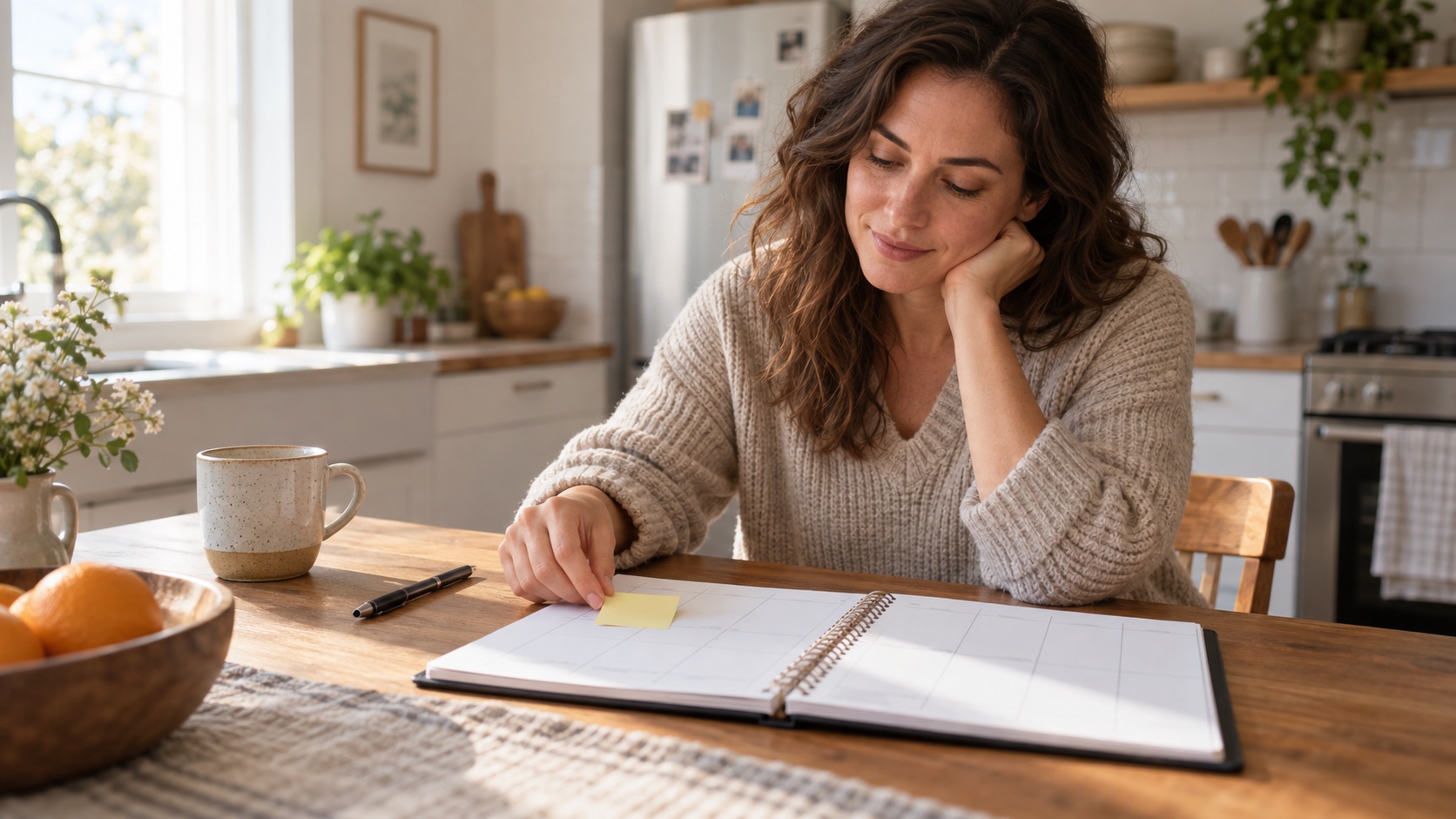 Adult writing at a kitchen table beside a blank planner.