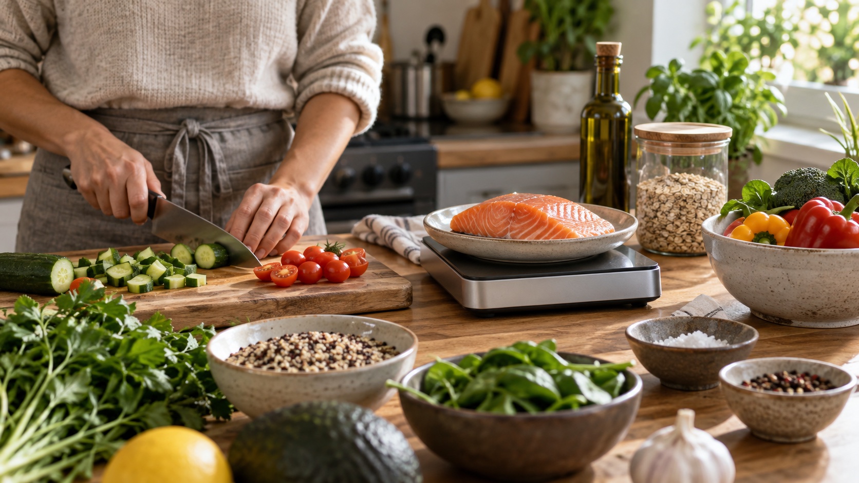Hands preparing vegetables beside a kitchen scale.