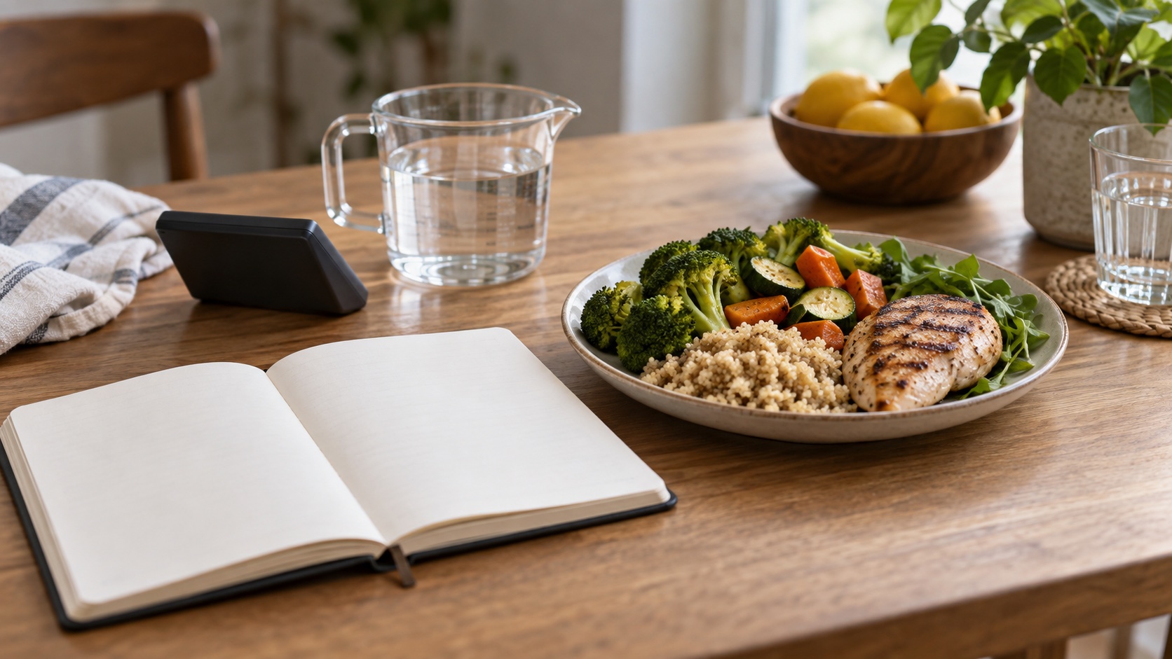 Notebook, calculator, measuring cup, and meal on a table.