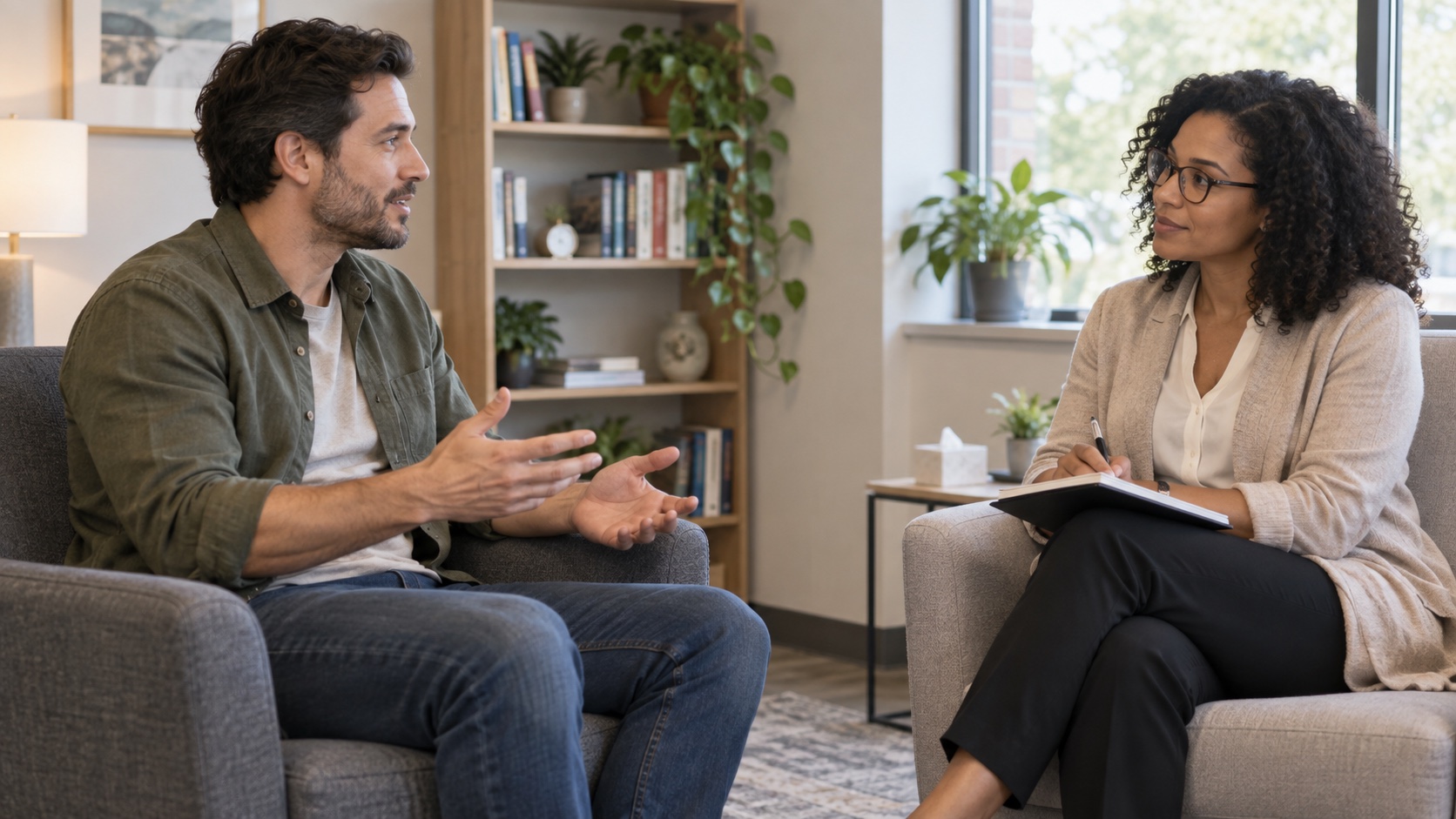 Adult speaking with a therapist in an office.