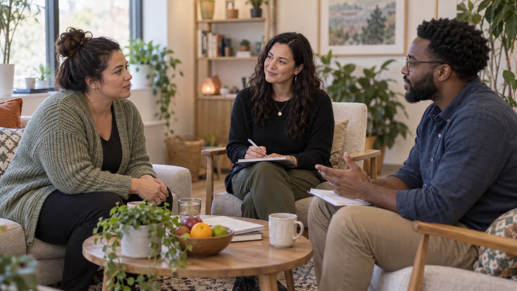 Adult speaking with two care providers in a community setting.