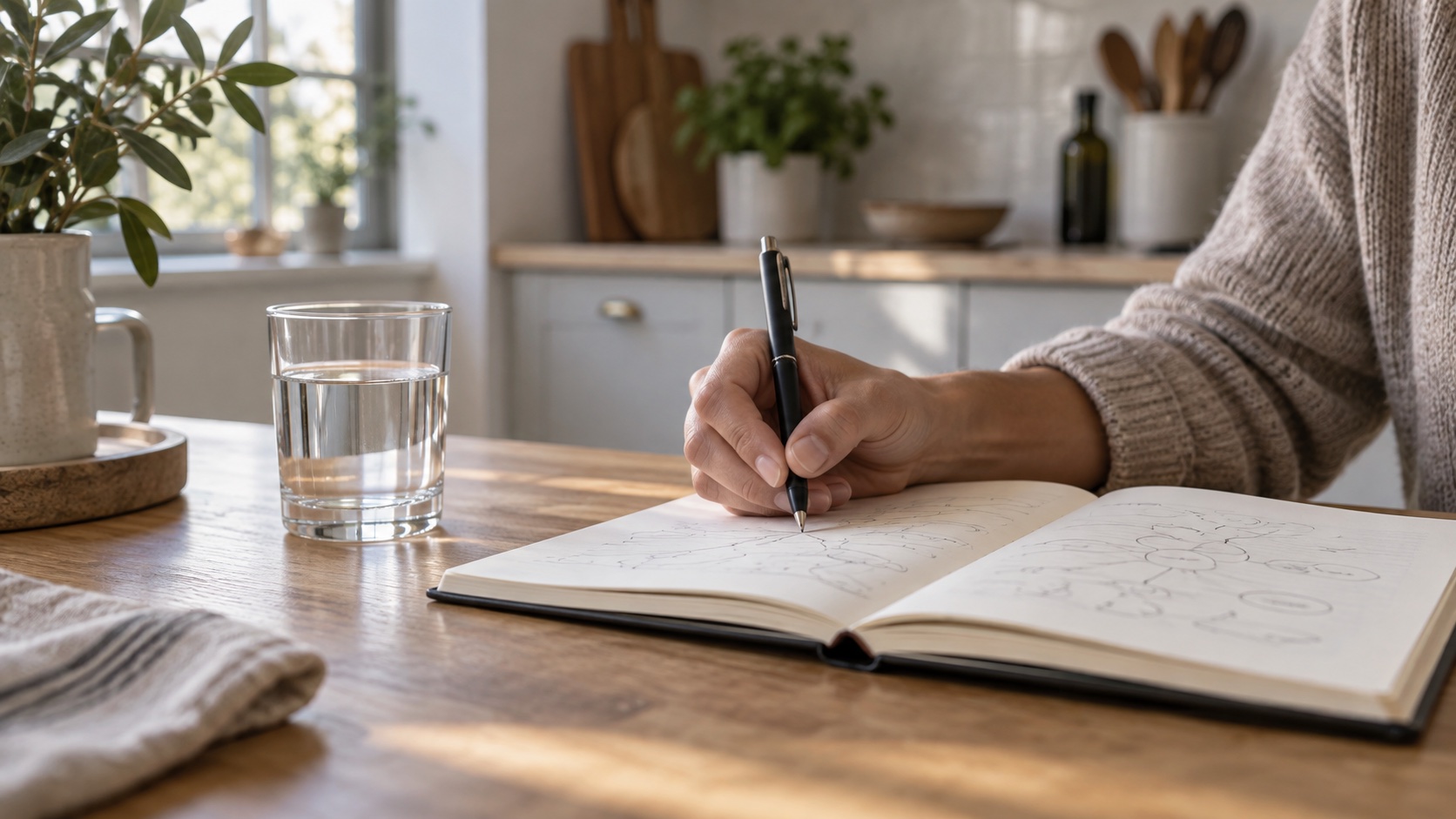 Hand writing in an open notebook beside a glass of water.