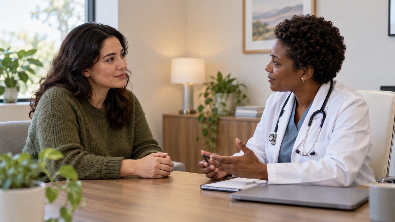 Adult speaking with a healthcare professional in an office.