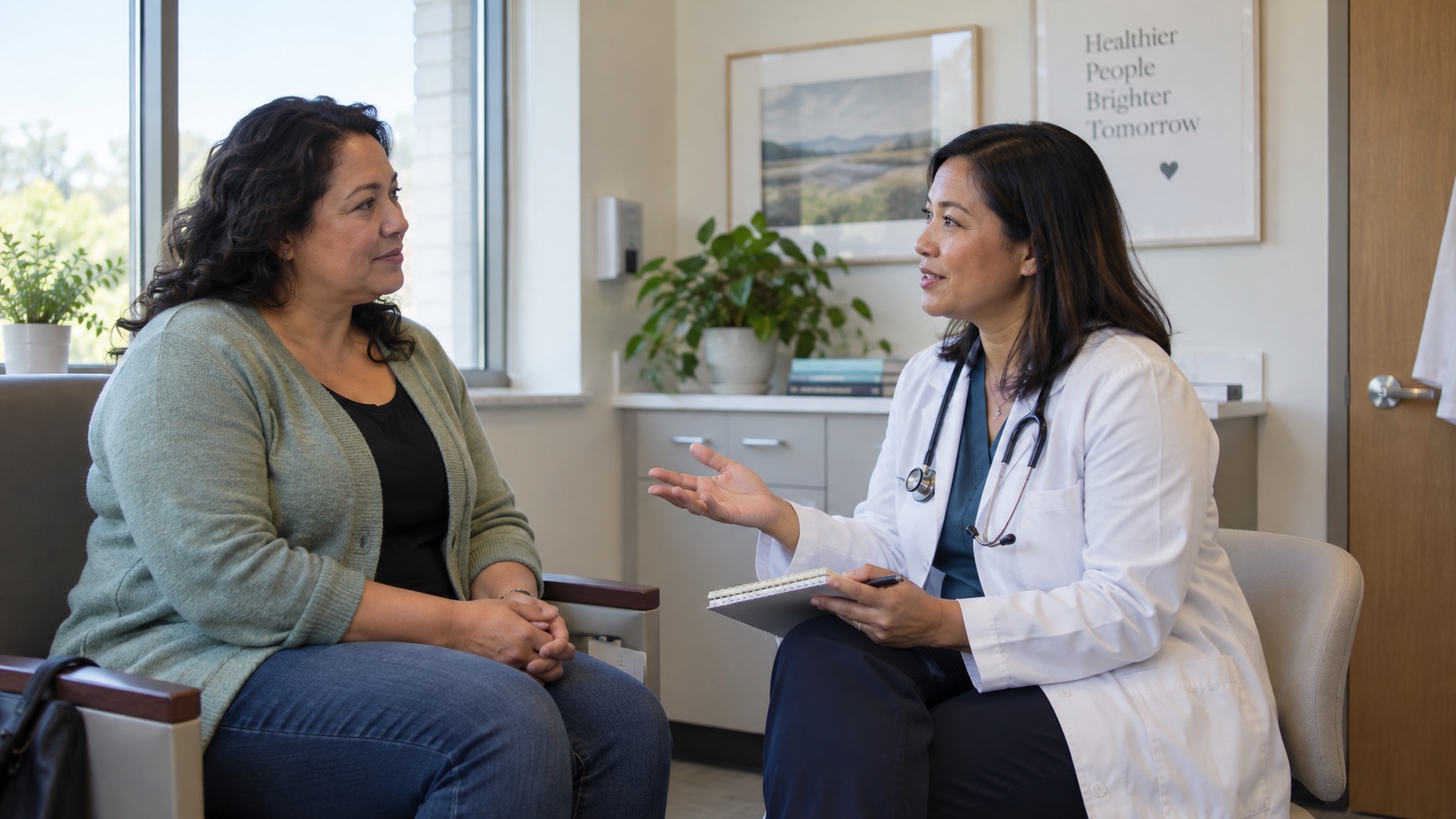 Adult speaking with a clinician in a consultation room.
