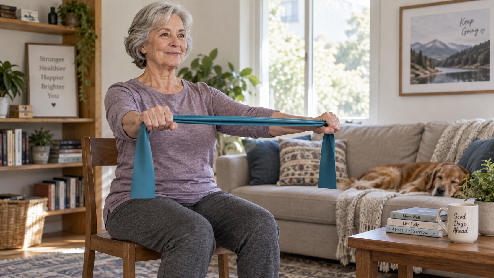 Older adult using a resistance band while seated at home.