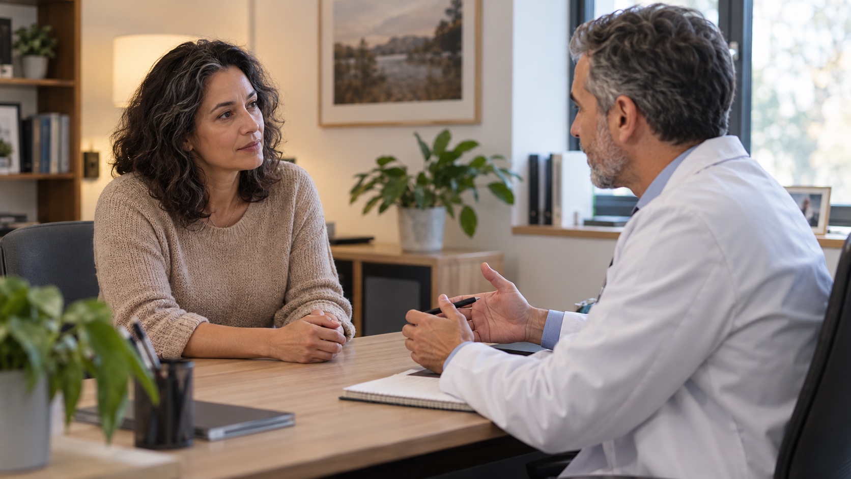 Adult and clinician seated in conversation.