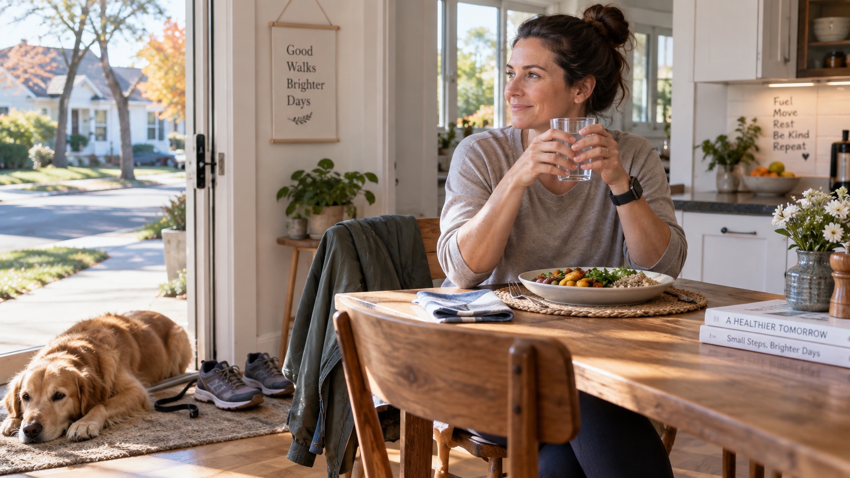 Adult preparing food at a stove after a walk.
