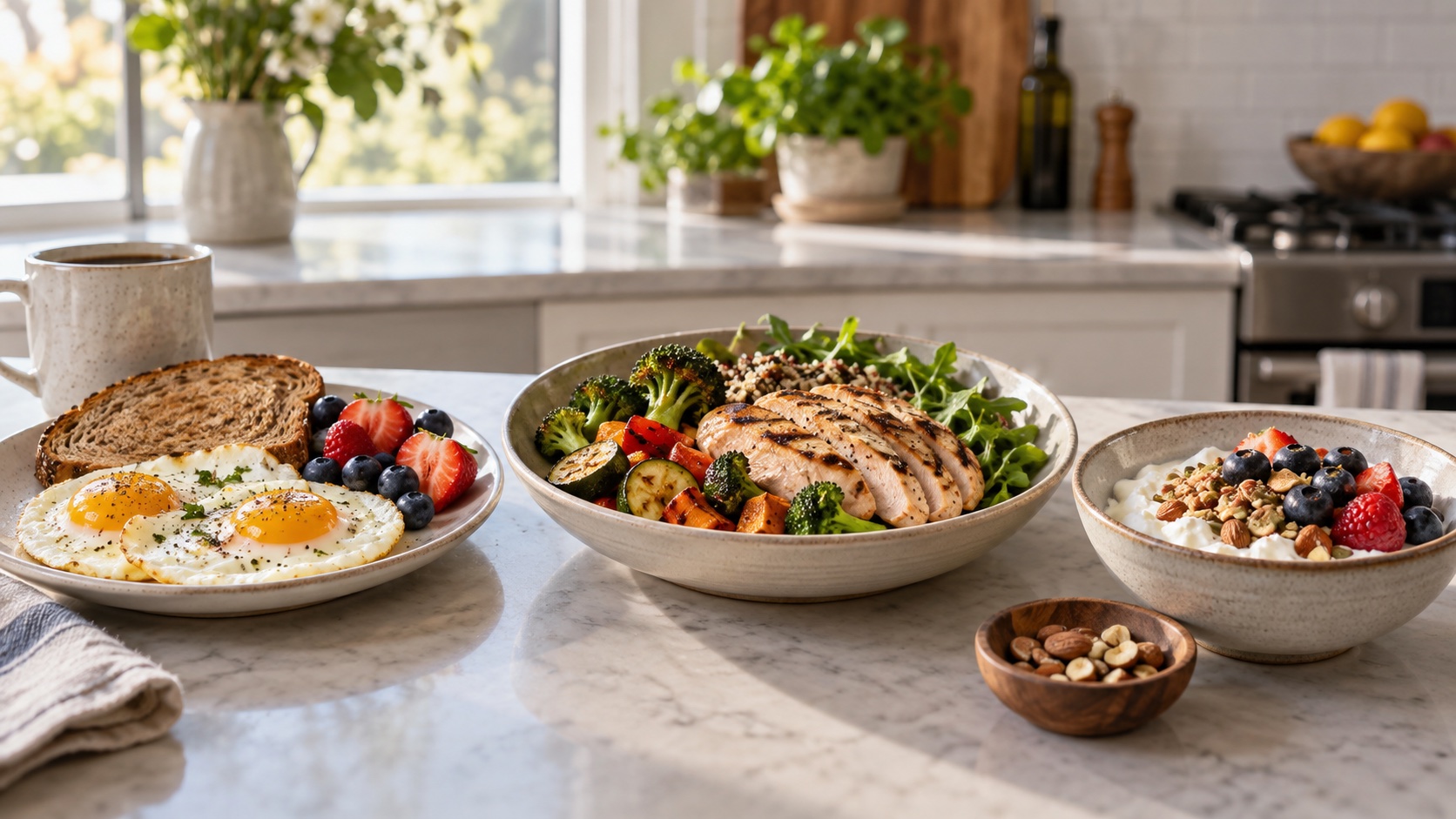 Several small meals arranged on a kitchen counter.