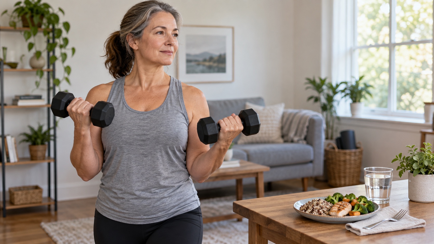 Mature adult lifting a dumbbell near a kitchen table.