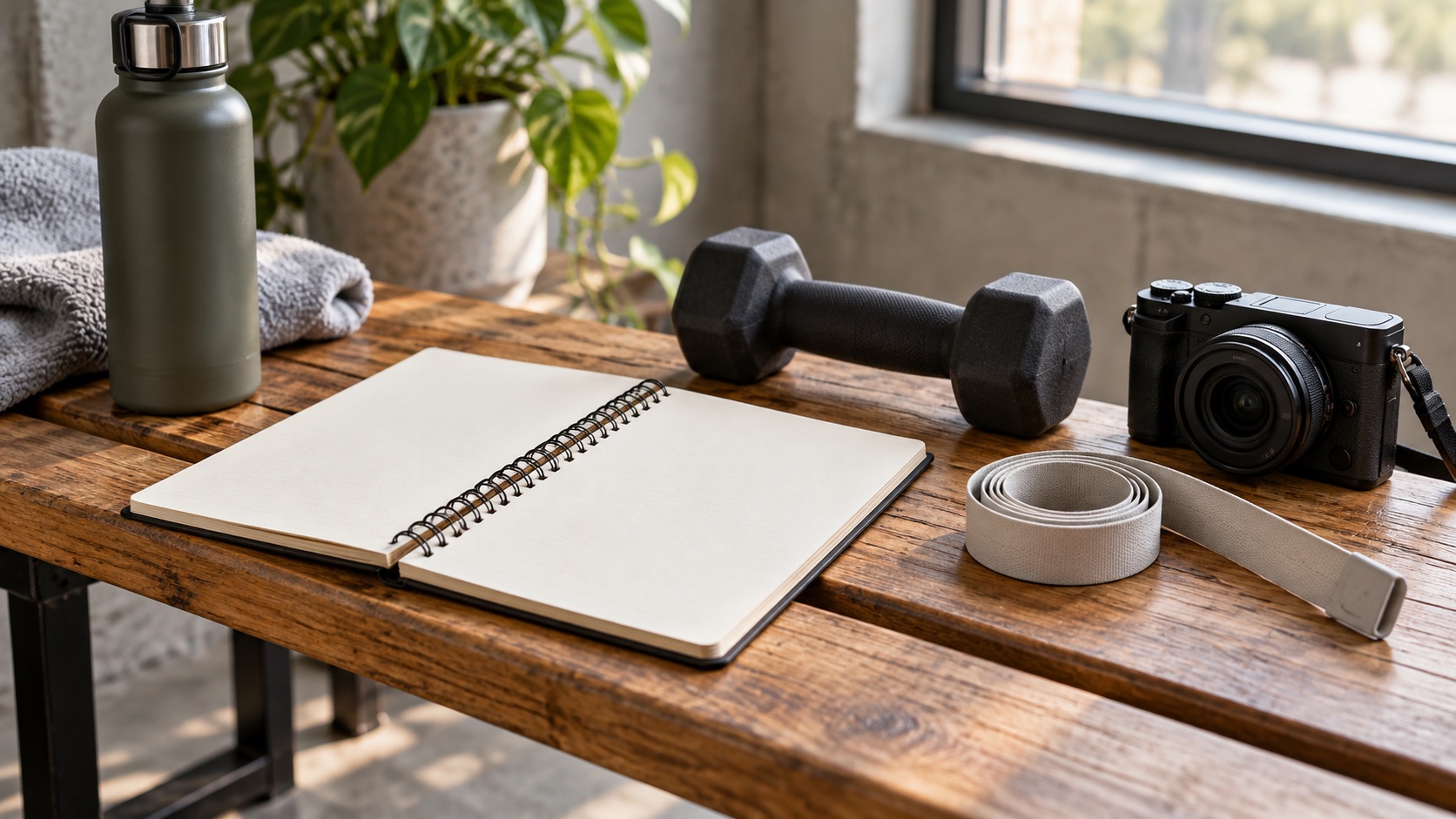 Blank notebook, tape measure, dumbbell, and camera on a bench.