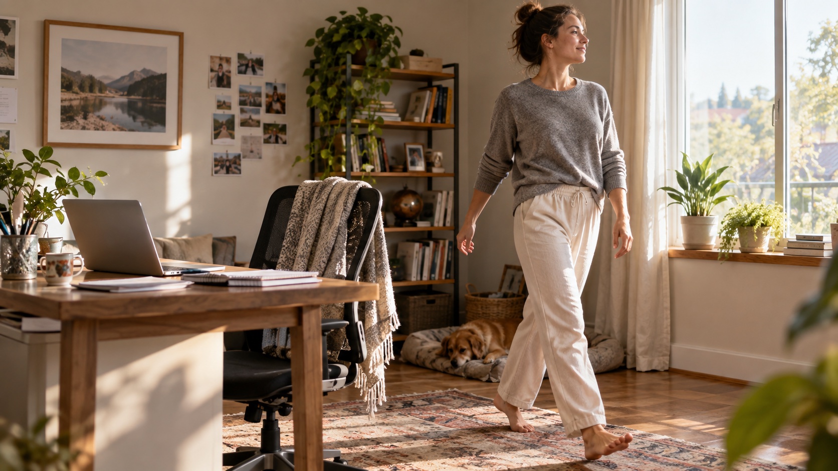 Adult stretching beside a home office desk.