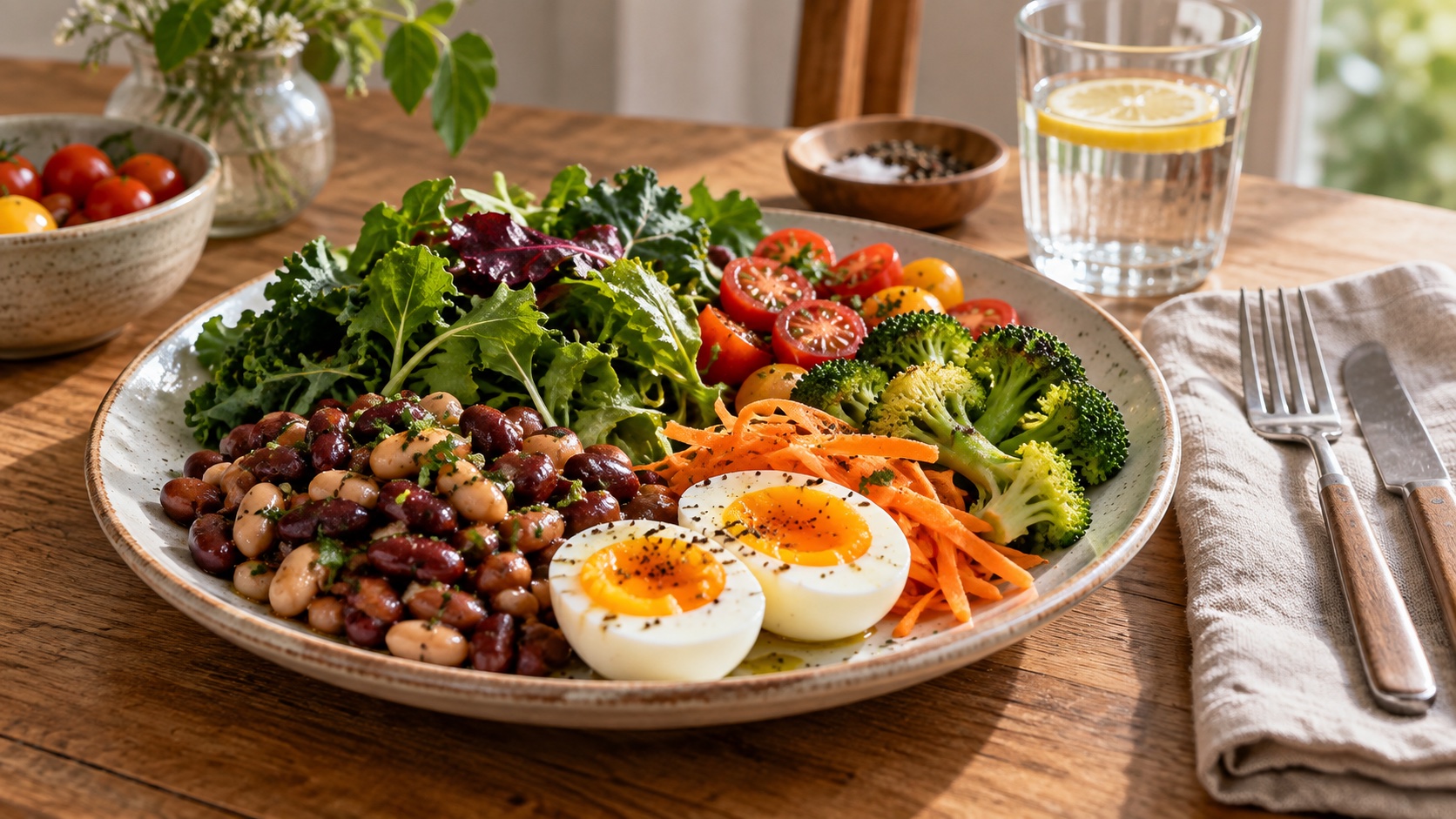 Plate of eggs, beans, and vegetables on a table.