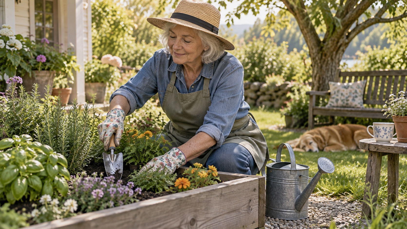 Older adult gardening among plants.