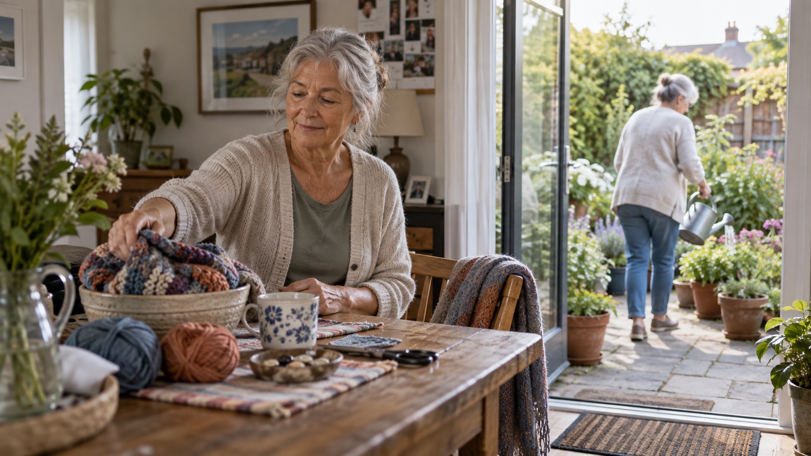Older adult seated near a craft project and plants.