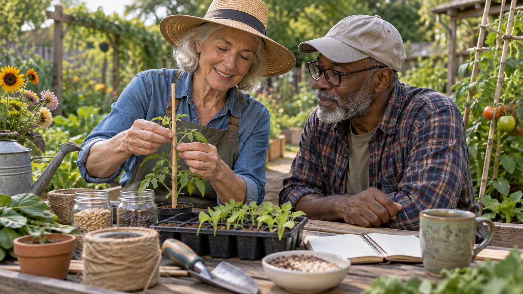 Two adults working together at a community garden table.