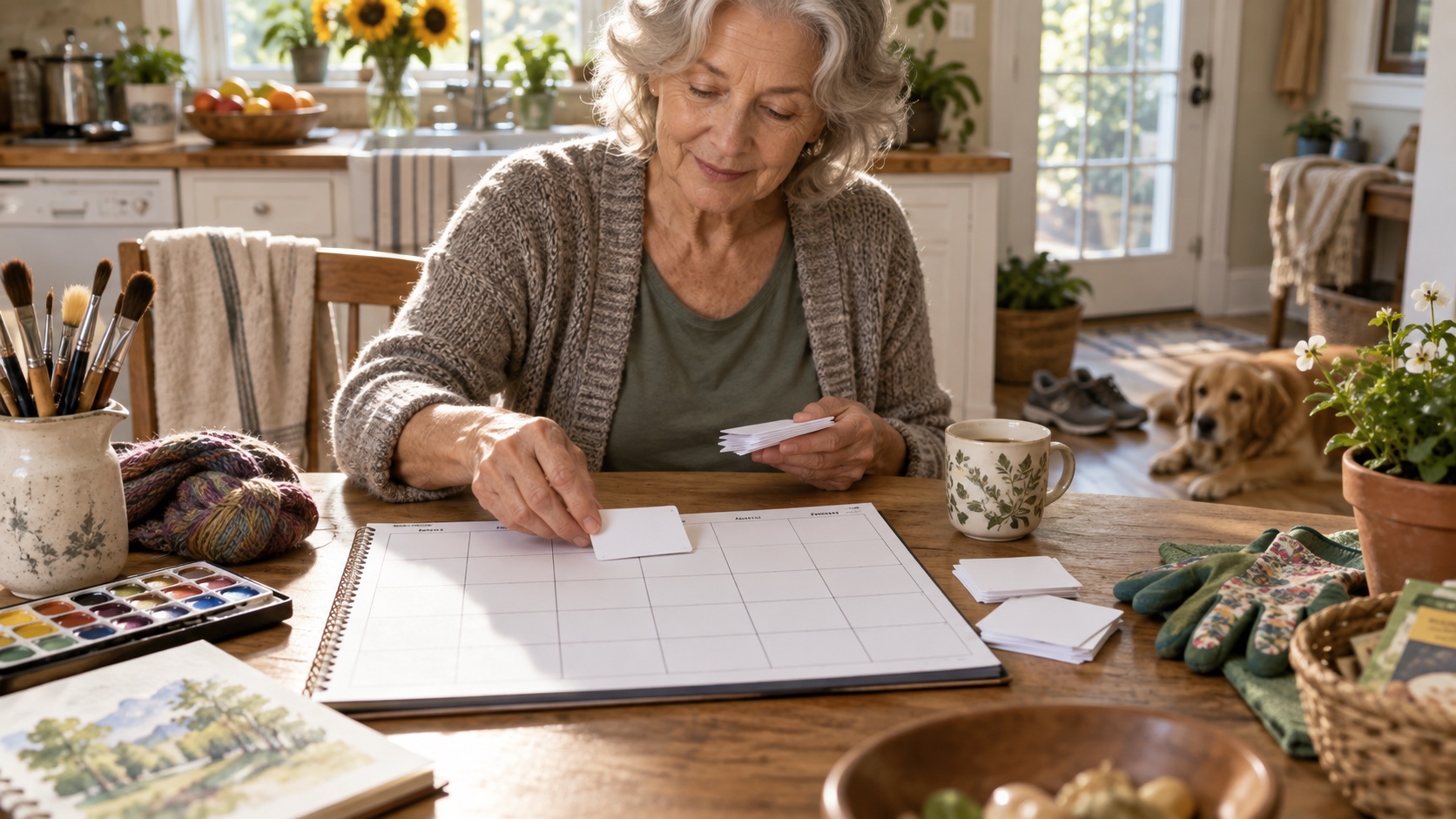 Older adult arranging blank cards beside an empty calendar.