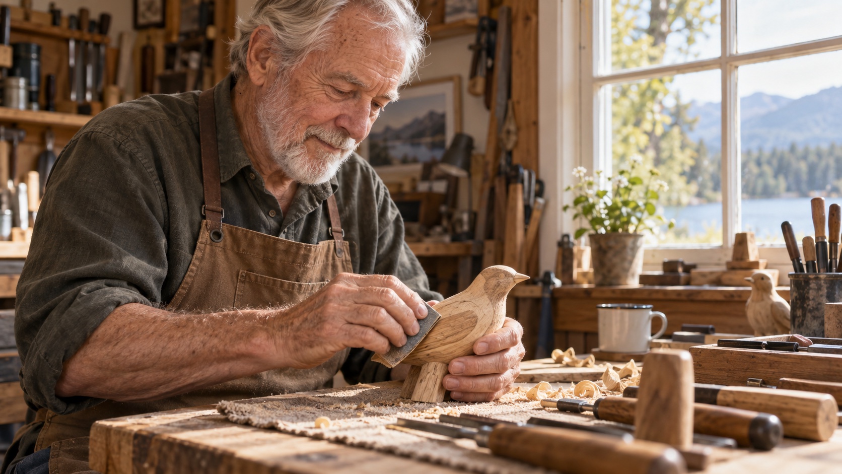 Older adult focused on a woodworking project at a home workbench.