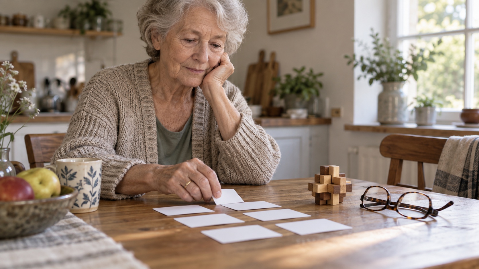 Older adult arranging cards and a simple puzzle at a kitchen table.