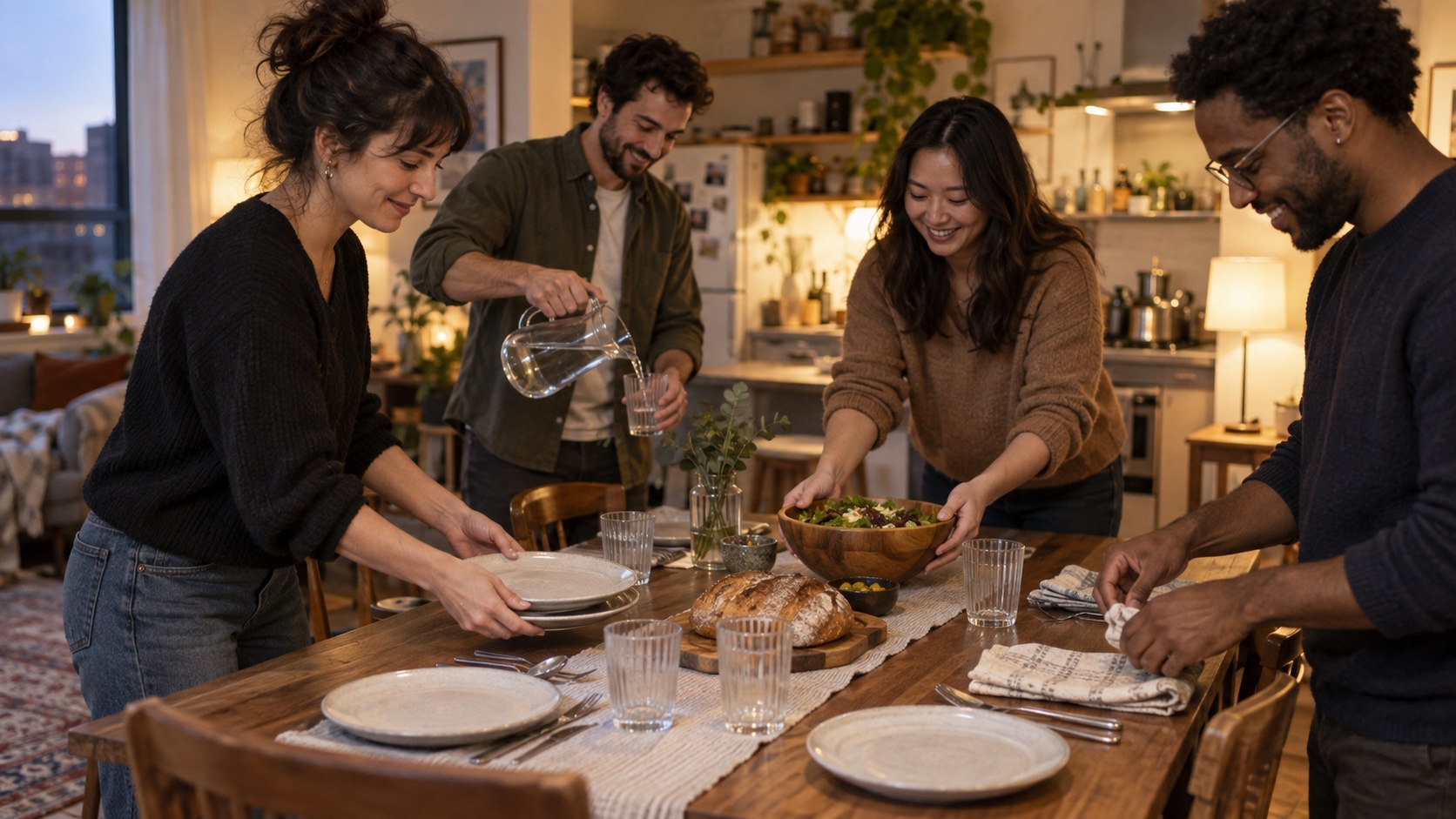 Friends setting a simple dinner table together.