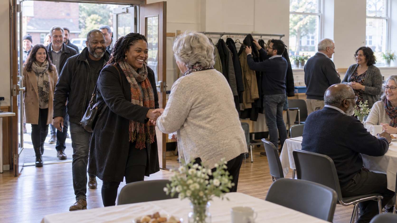 Adults arriving at a neighborhood community gathering.