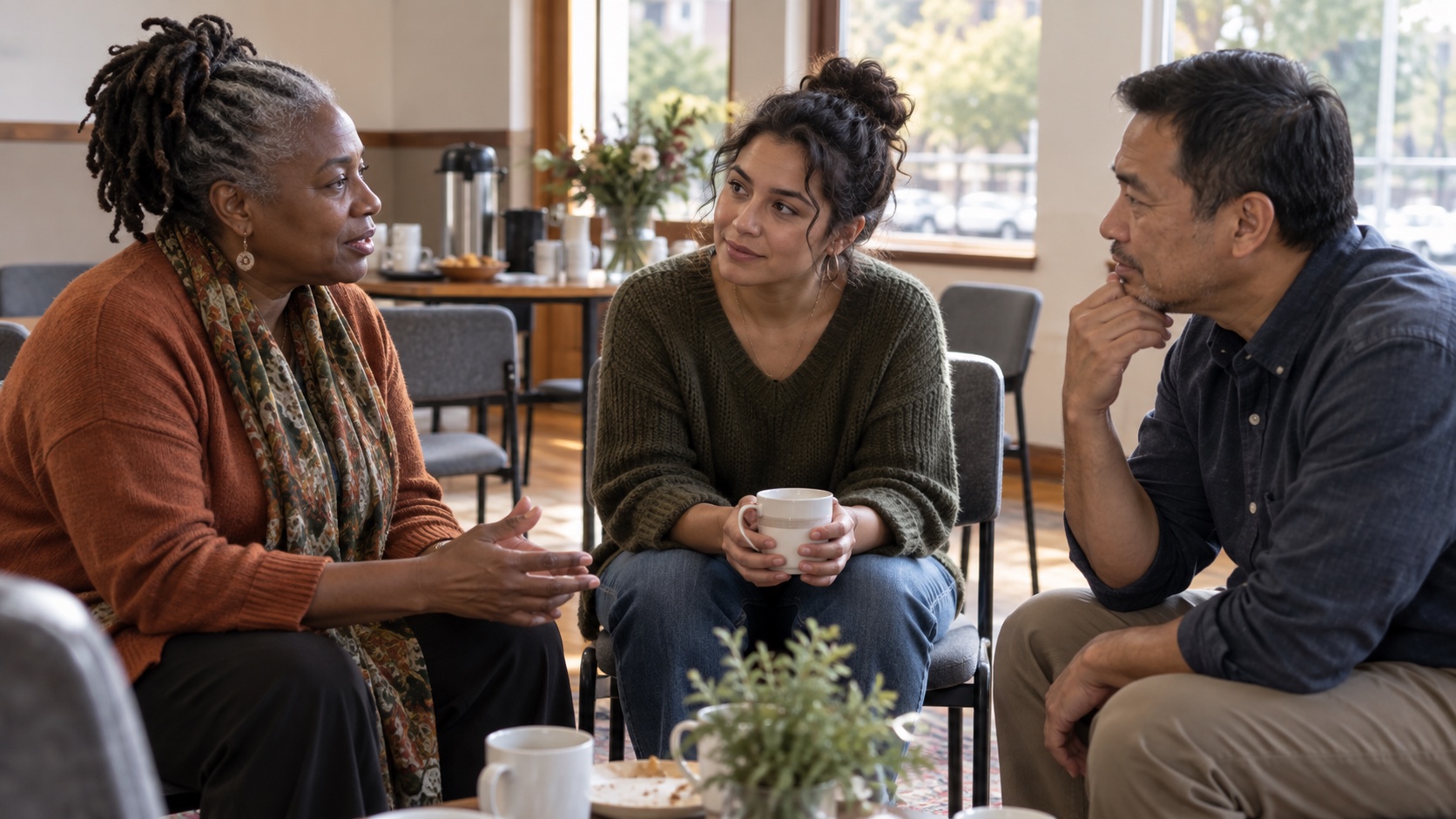 Three adults talking together in a community setting.