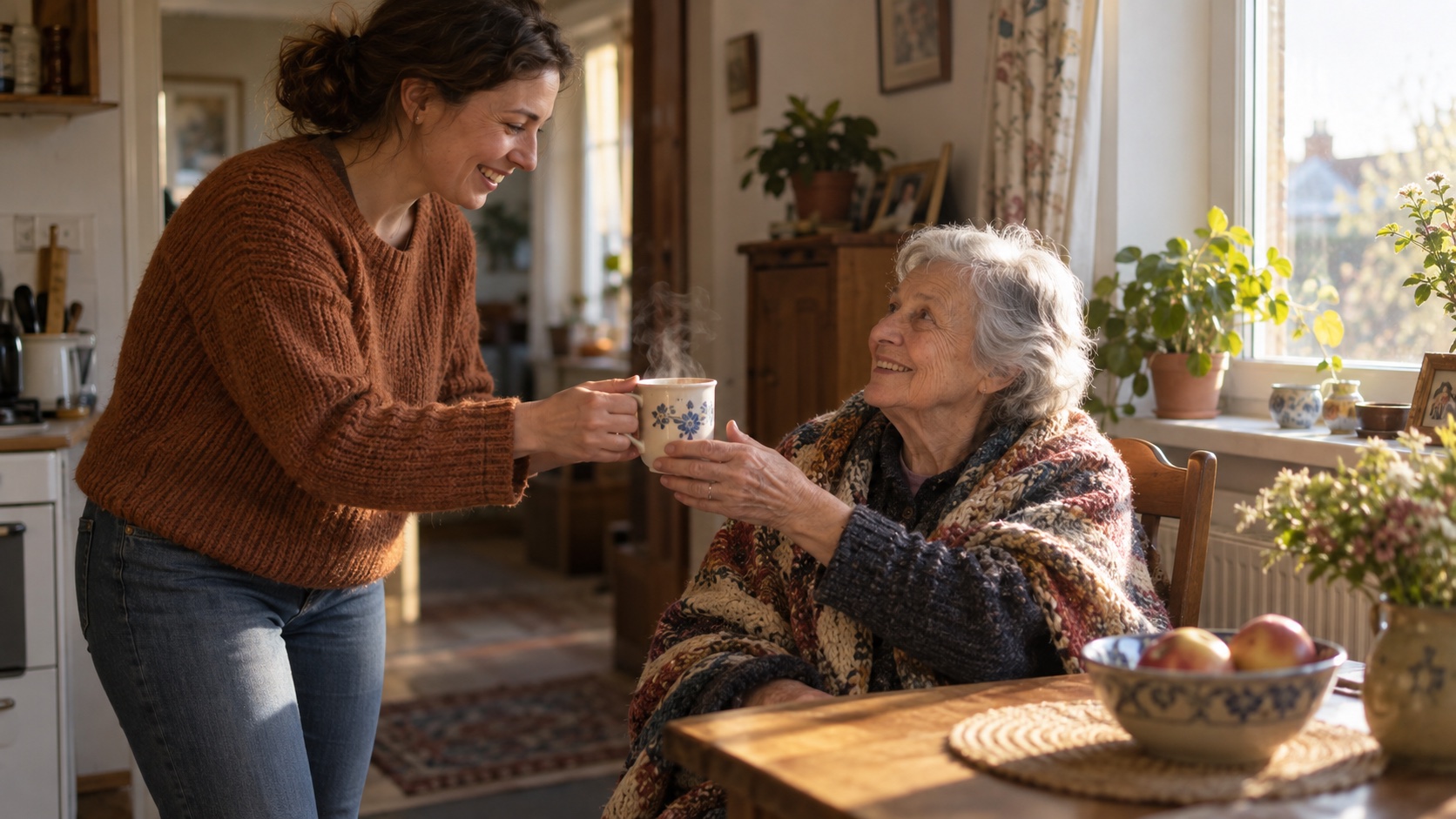 Adult bringing a cup of tea to an older neighbor.
