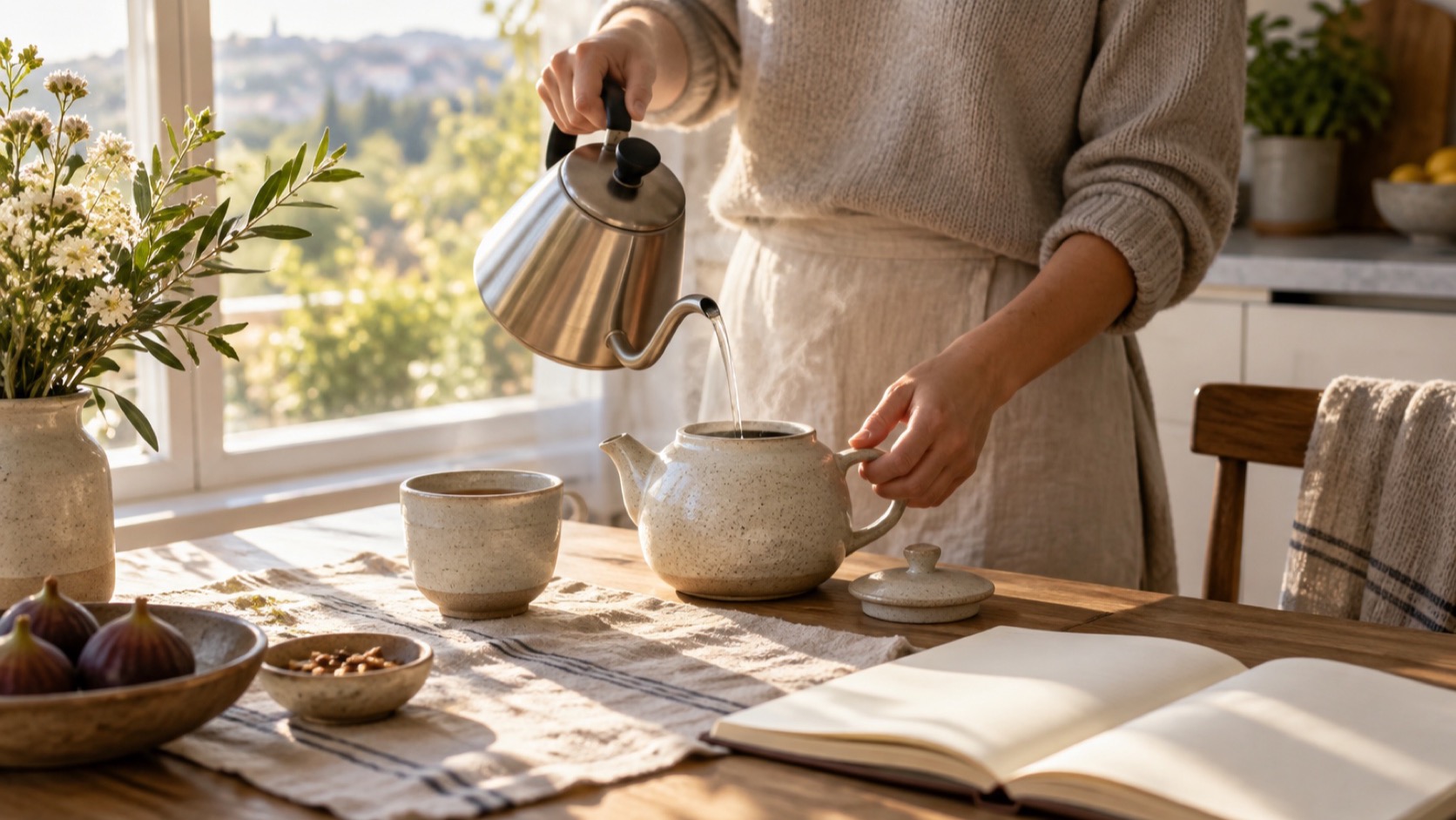 Adult preparing tea beside a sunlit window.