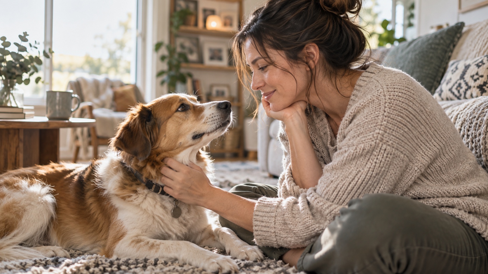 Adult sharing a calm gaze with a relaxed dog at home.