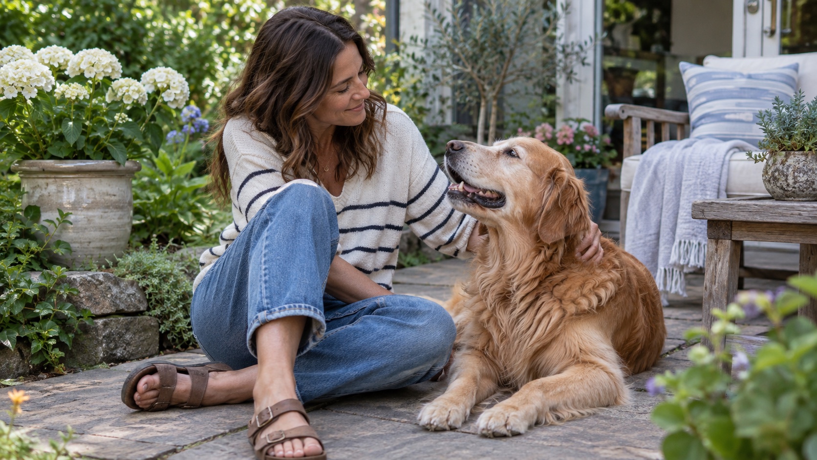 Older adult sitting with a companion dog in a garden.