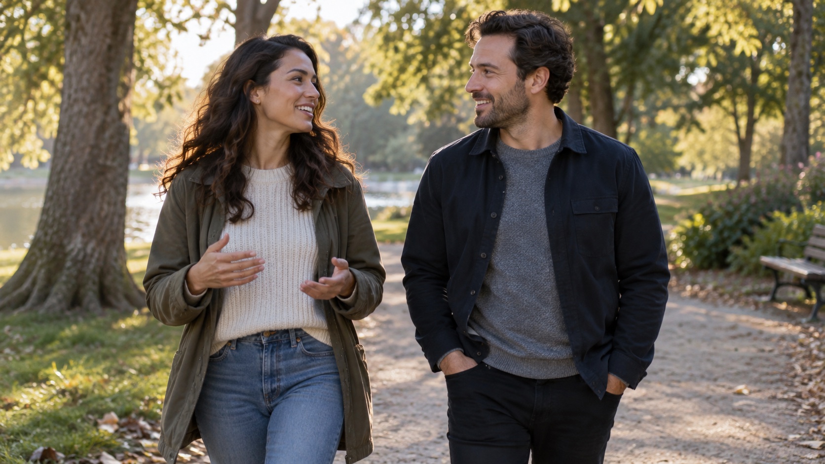 Two adults walking side by side in a park.