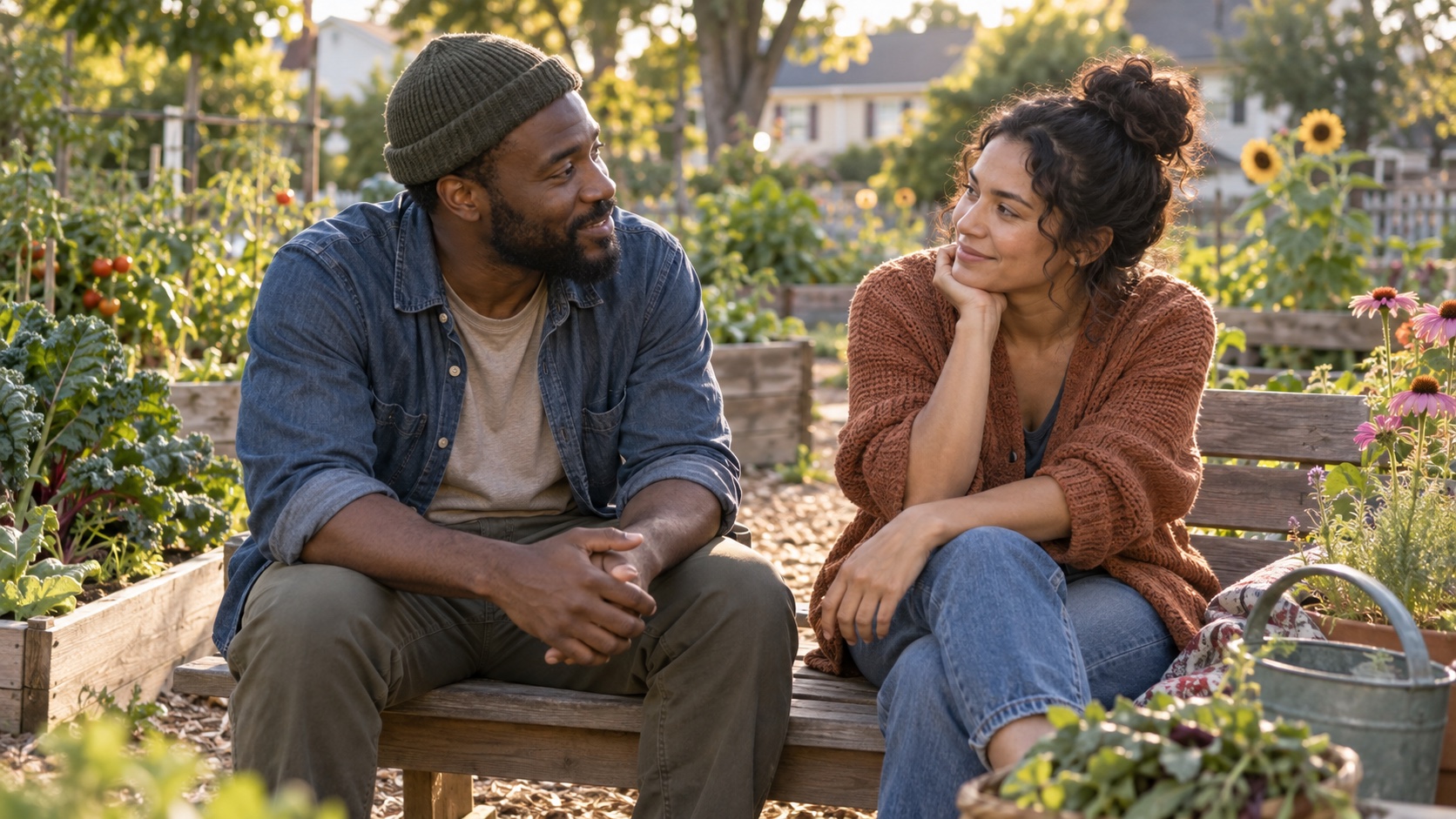 Two adults talking in a neighborhood garden.