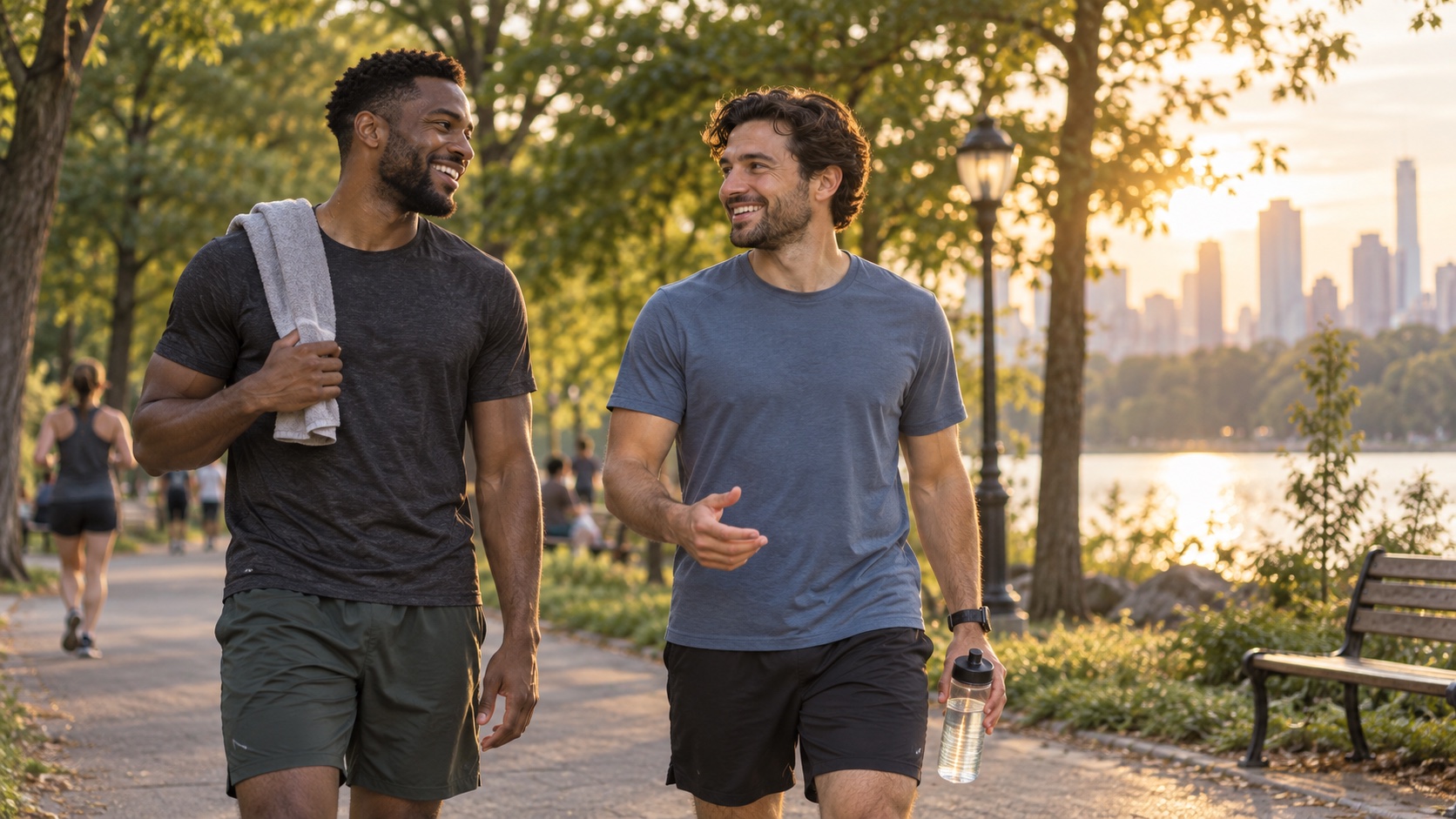 Two adult male friends walking and talking in a park.