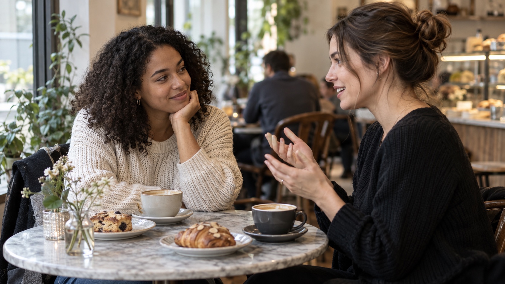 Two friends talking across a small cafe table.