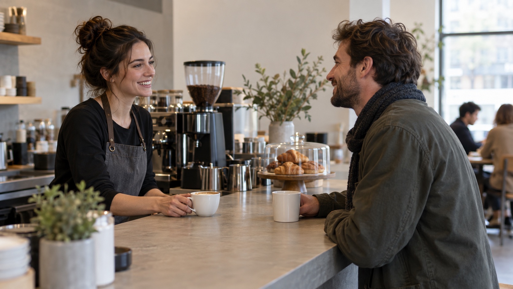 Barista and customer sharing a friendly exchange at a cafe counter.