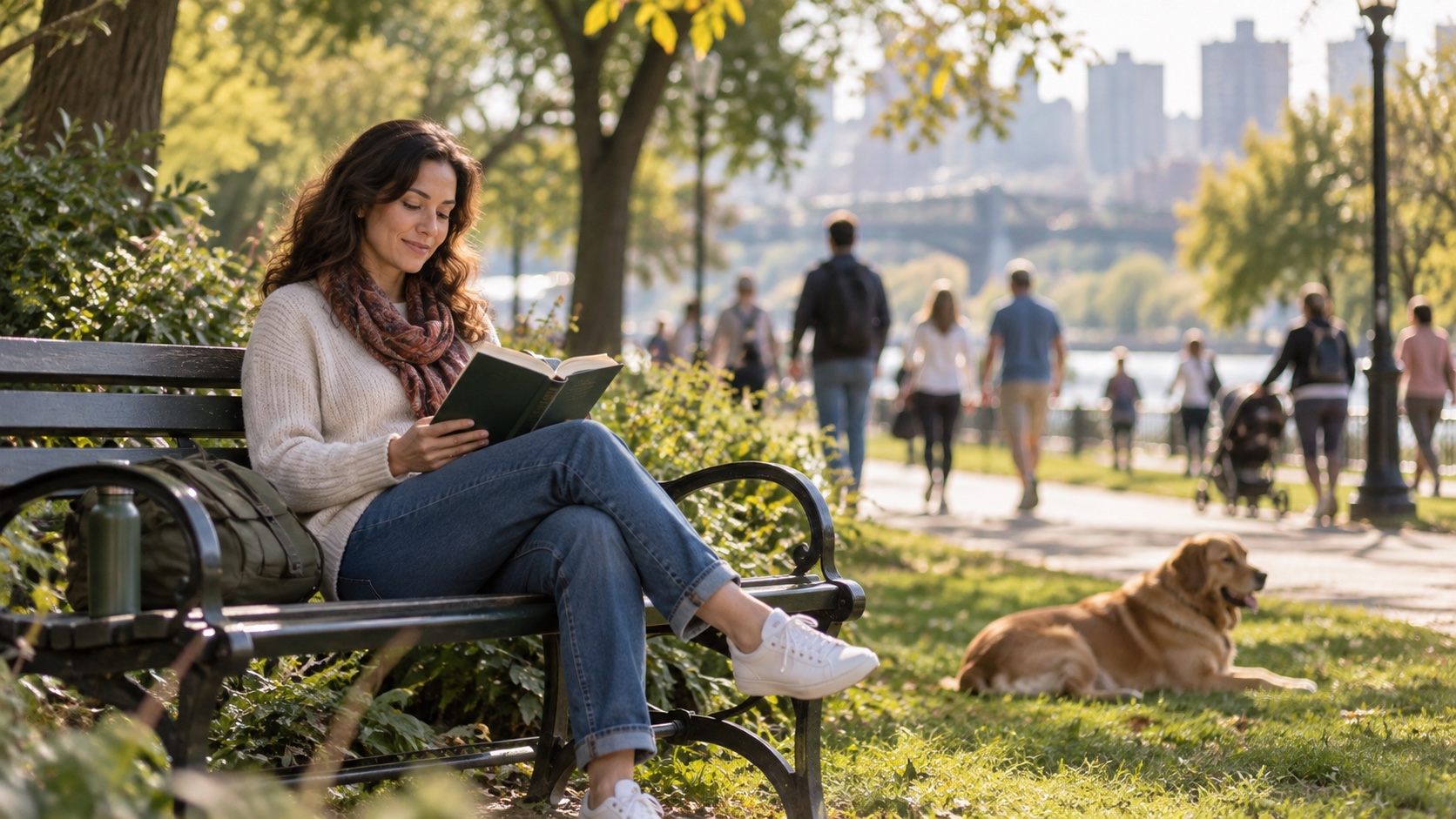 Adult reading on a park bench while others pass in the distance.