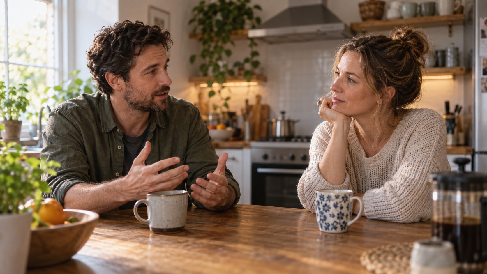 Long-term partners having a calm conversation at a kitchen table.