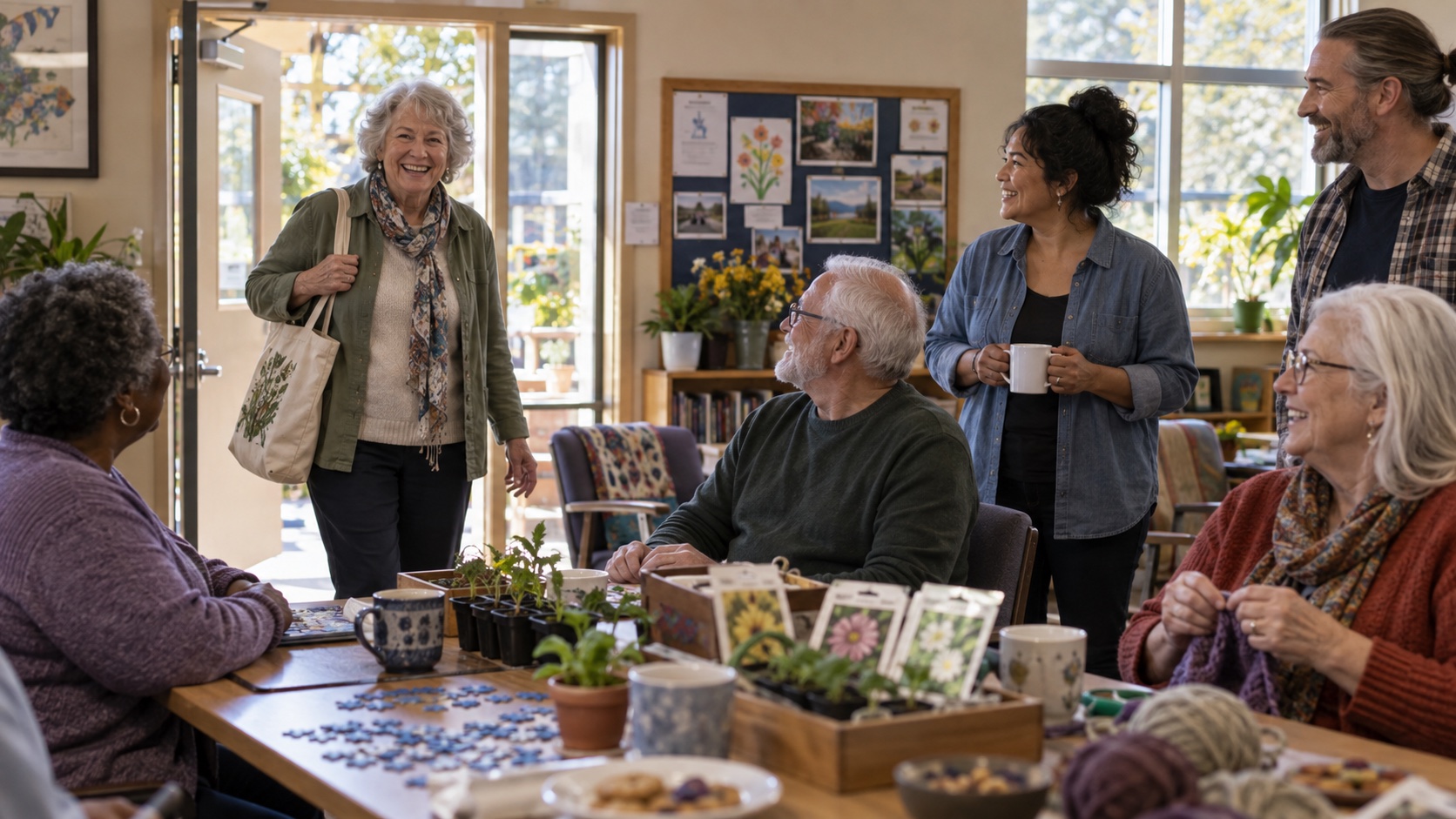 Older adult joining a group activity at a community center.