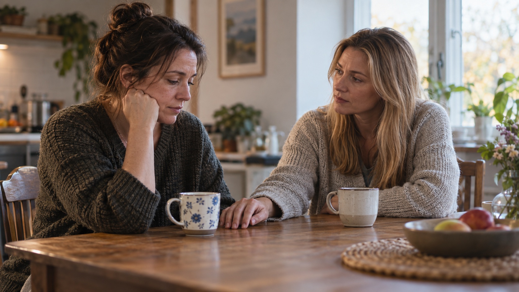 Adult listening to a friend over tea at home.