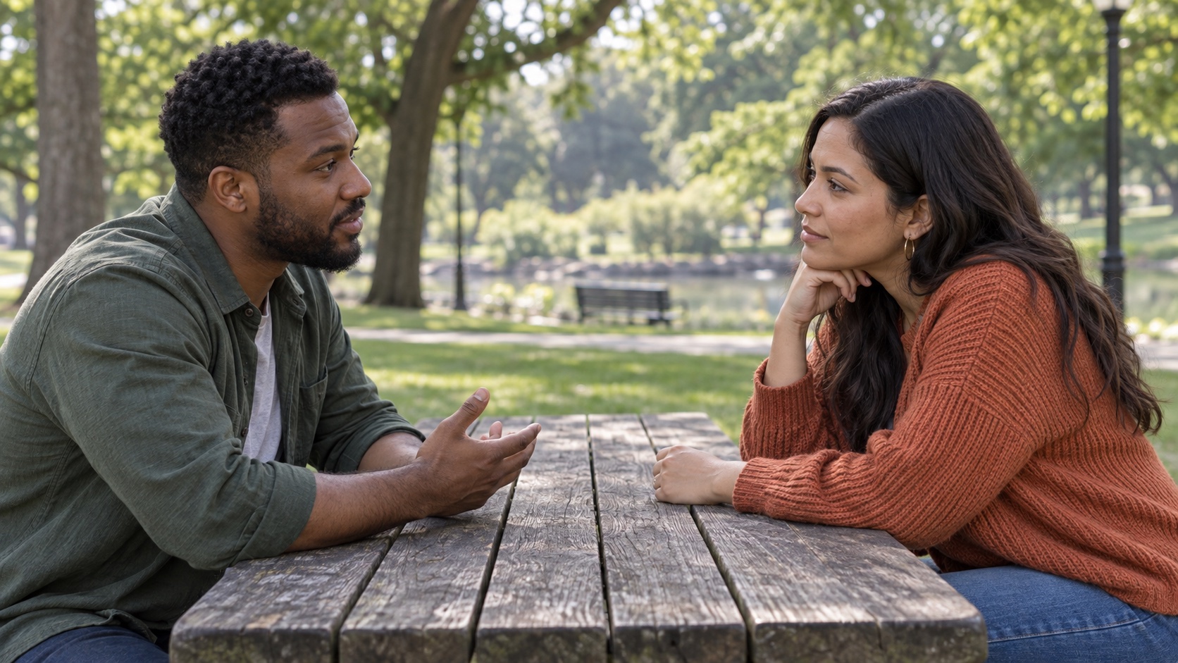 Two adult friends calmly discussing a concern at a park table.