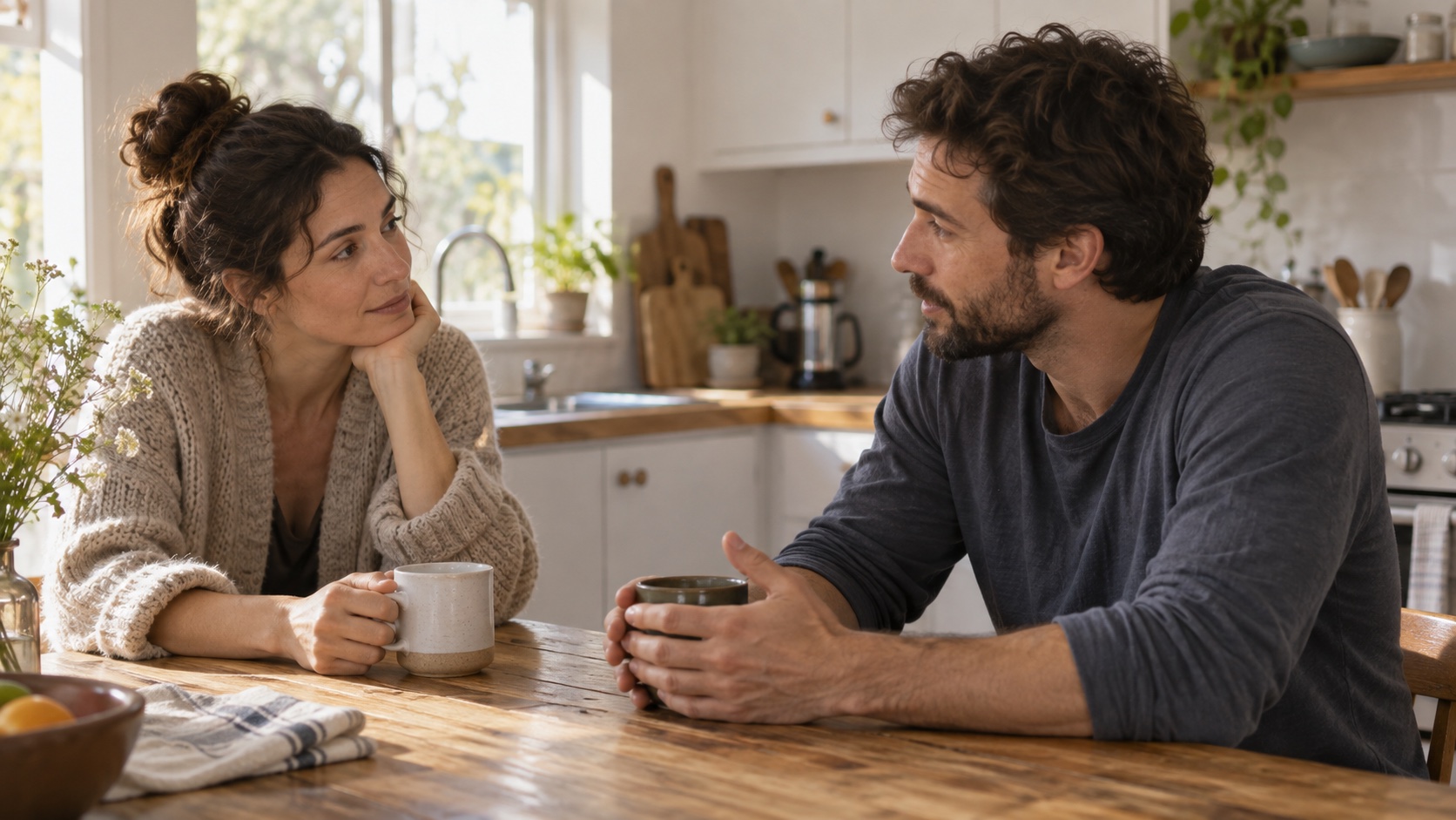 Two partners speaking calmly at a kitchen table.