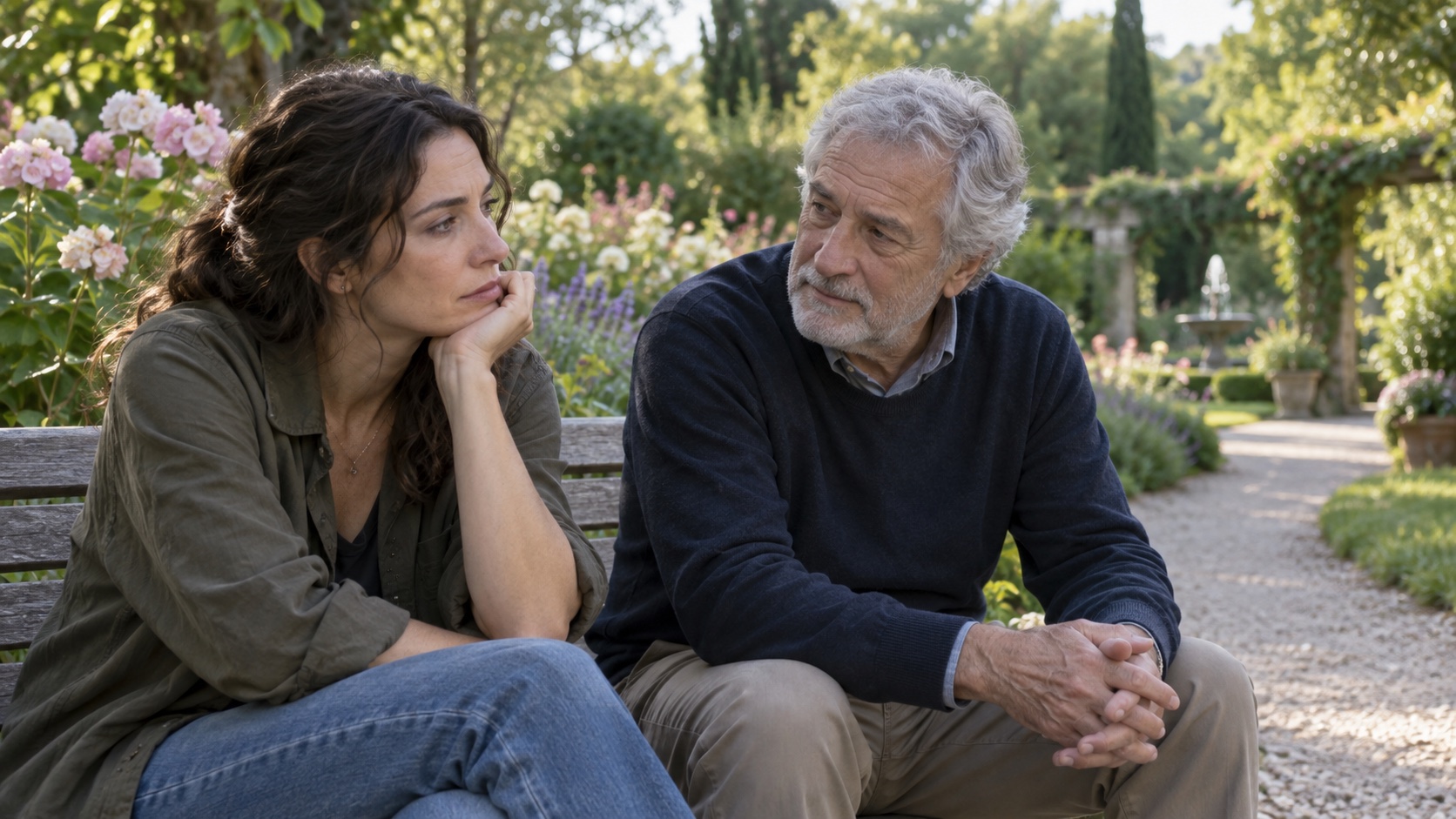 Adult talking thoughtfully with a family member outdoors.