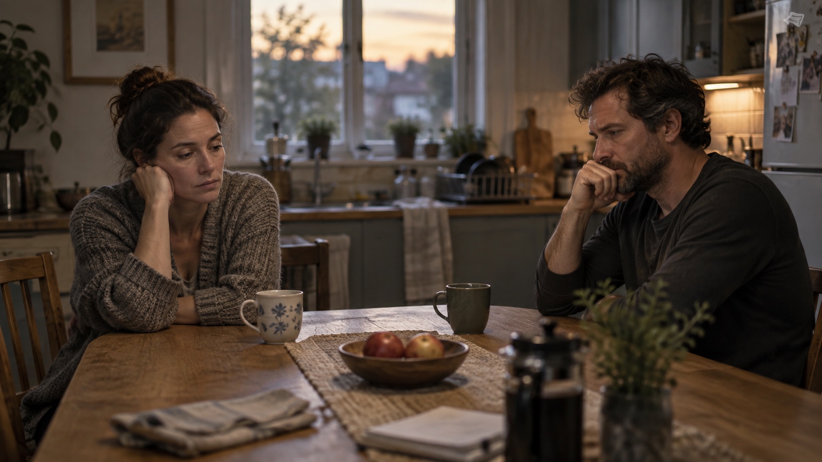 Two partners sitting quietly at opposite sides of a kitchen table.