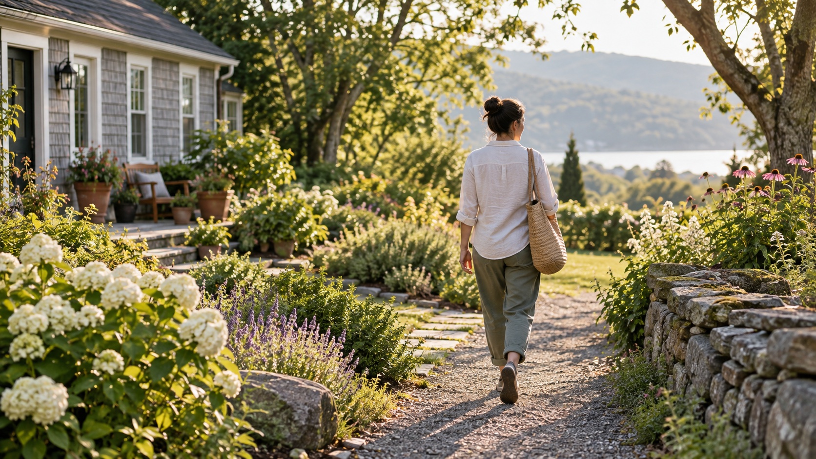 Adult walking alone along a sunlit garden path.