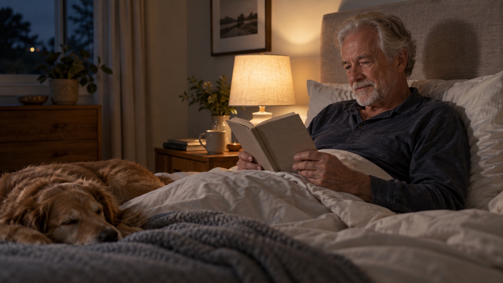 Older adult reading a plain book in a softly lit bedroom.