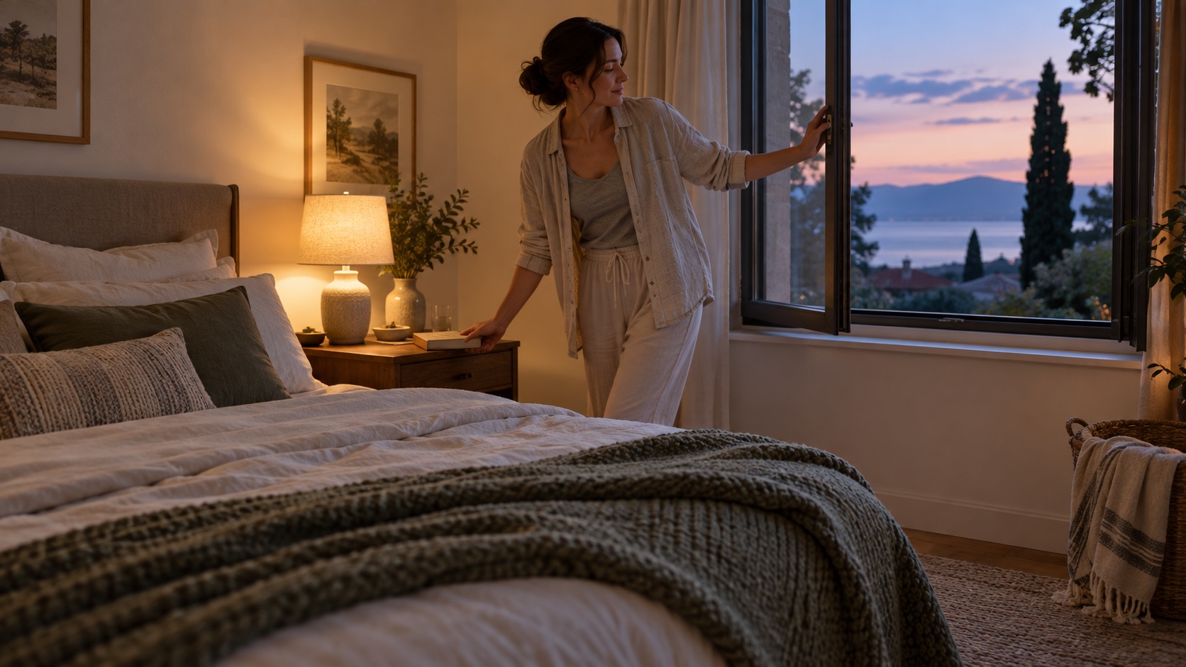 Adult opening a bedroom window and setting down a book.