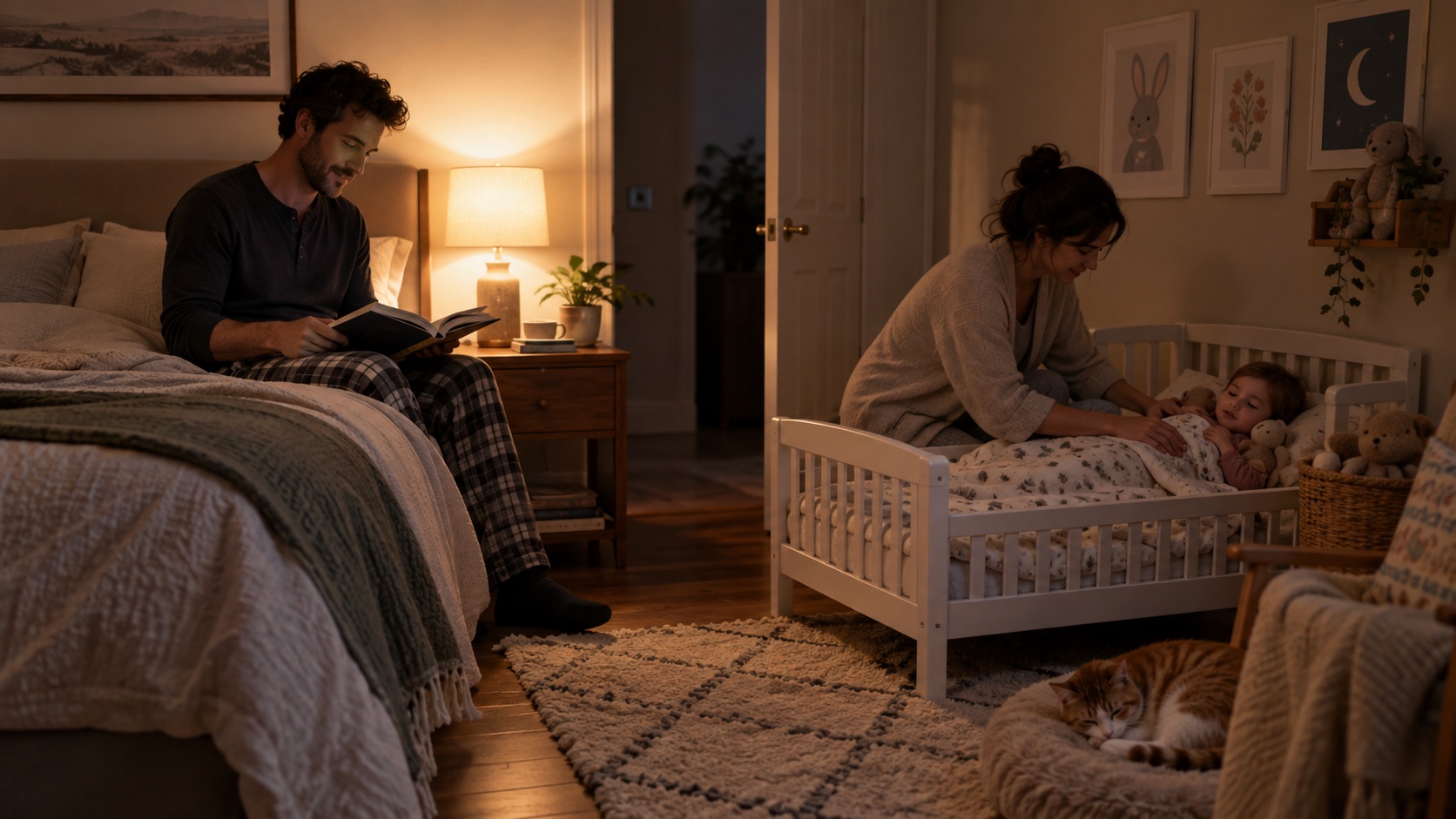 Two adults coordinating a quiet bedtime routine at home.