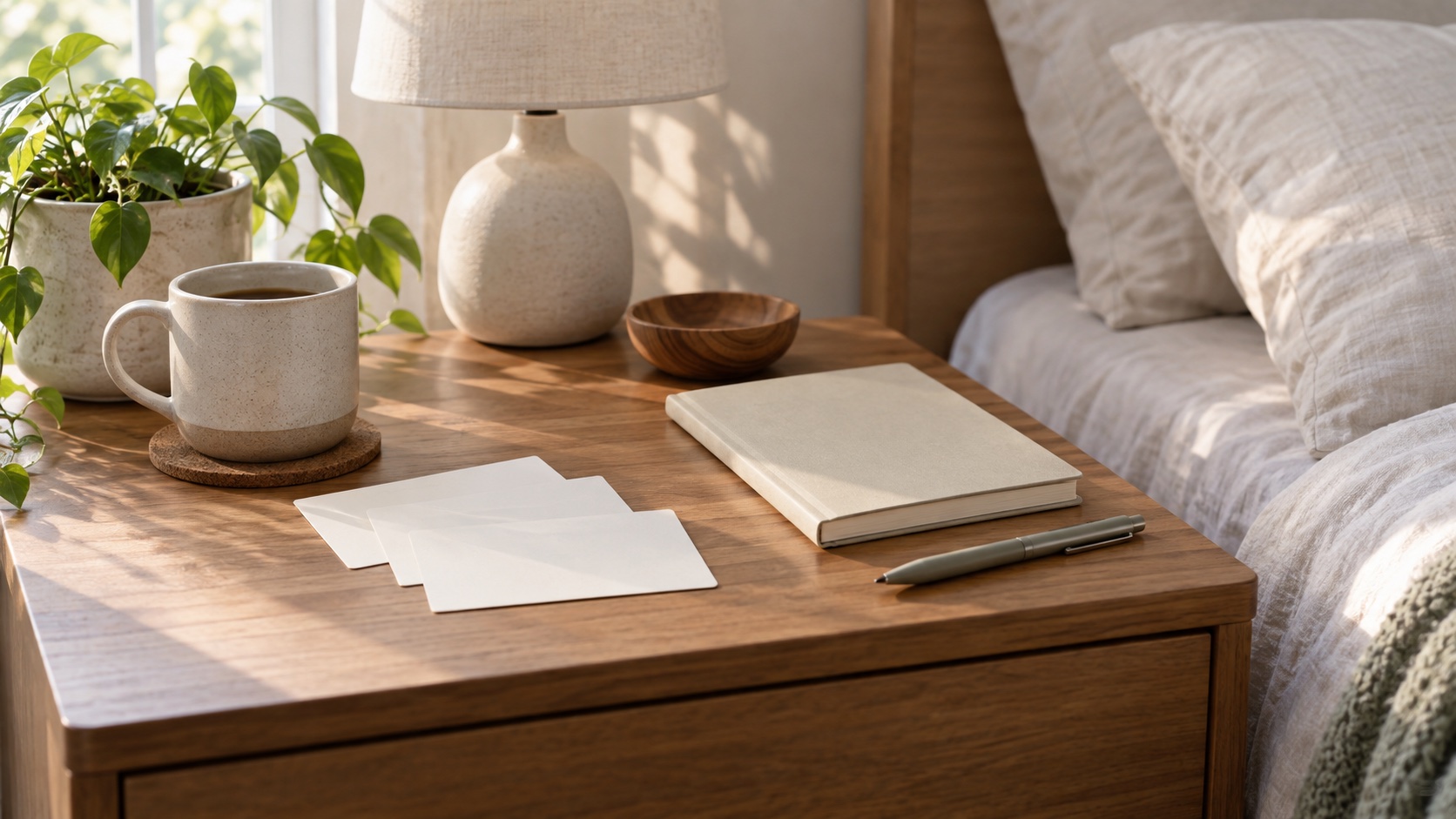 Blank cards and an unmarked notebook on a bedside table.