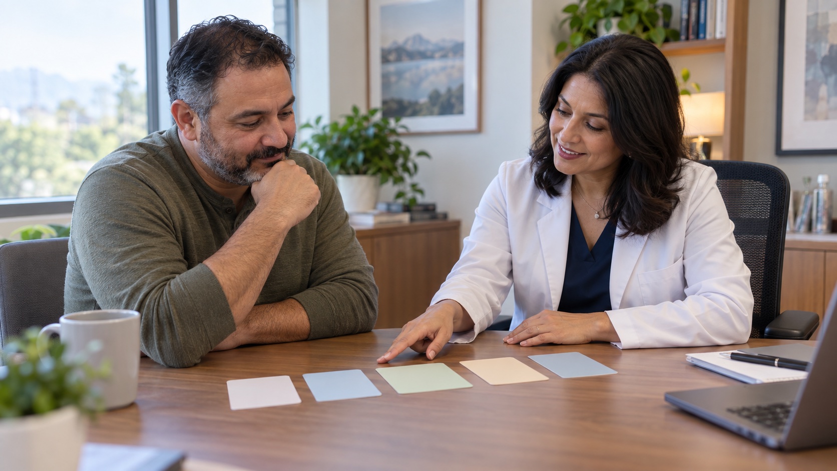 Adult and clinician reviewing blank treatment-option cards.